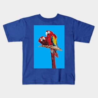 Red Macaw Parrot Watercolor Painting on Blue Kids T-Shirt